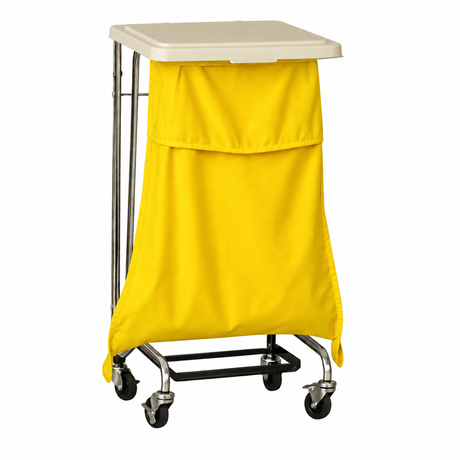 Pictured: A yellow hooded self-closing fluid resistant laundry bag on wheels with a metal frame, with a plastic white top.