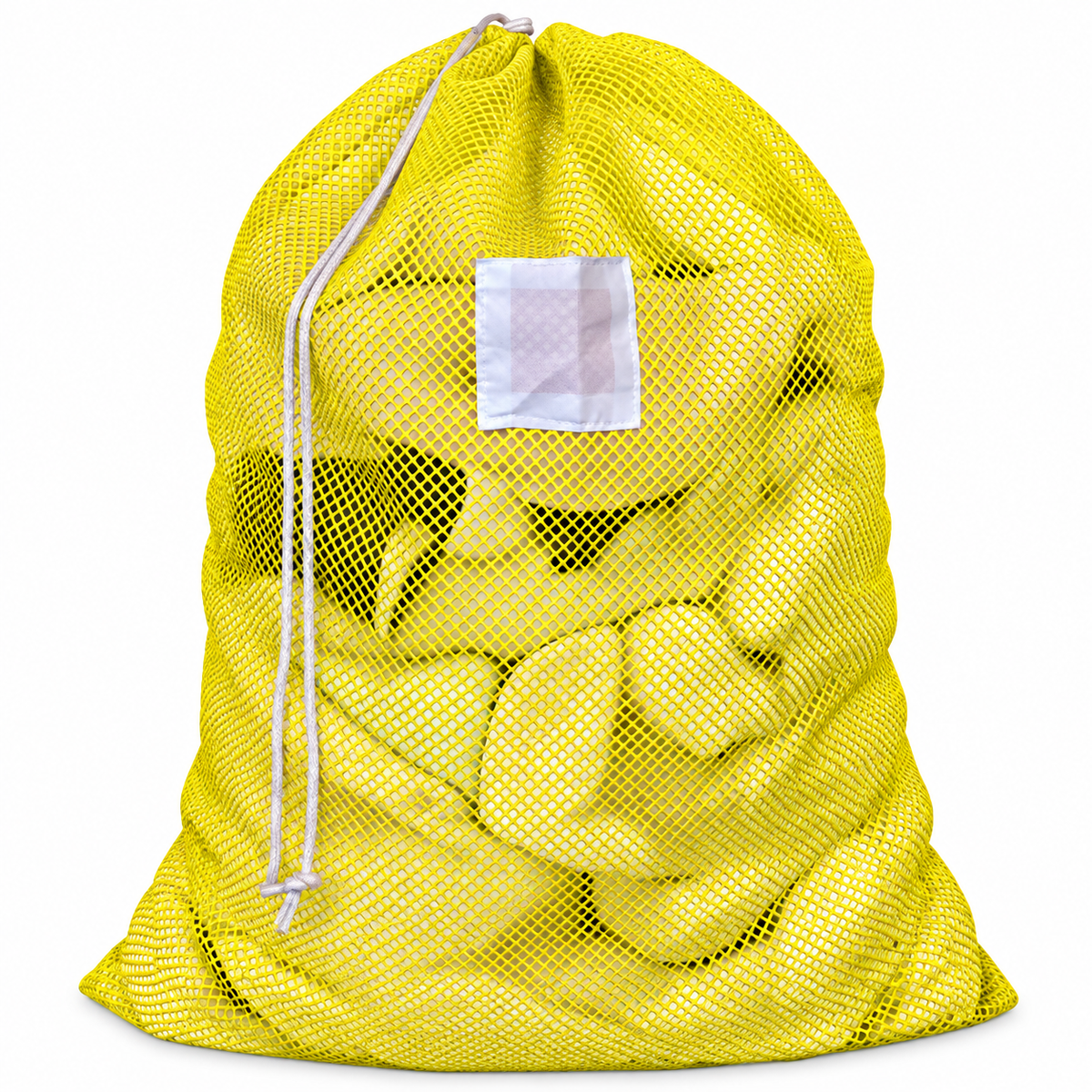 Pictured: Full Yellow Mesh Laundry bag with white ID tag and drawstring enclosure against a white background.
