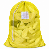 Pictured: Full Yellow Mesh Laundry bag with white ID tag and drawstring enclosure against a white background.