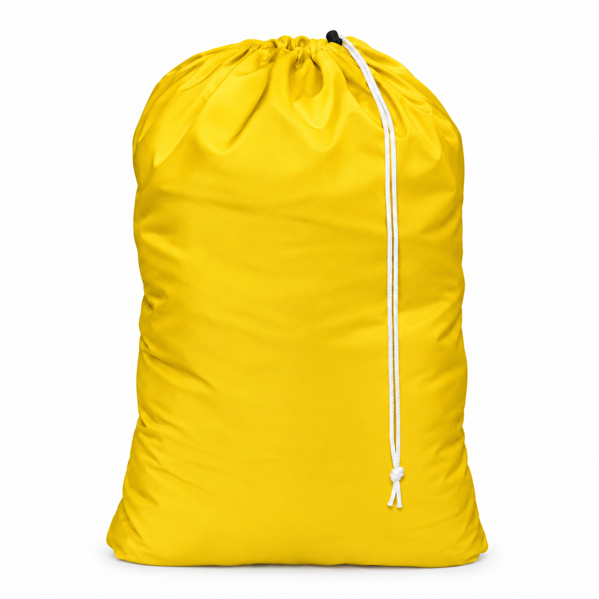 Pictured: Solid colored nylon laundry bag with a drawstring enclosure against a white background. This bag is in the shade Yellow.
